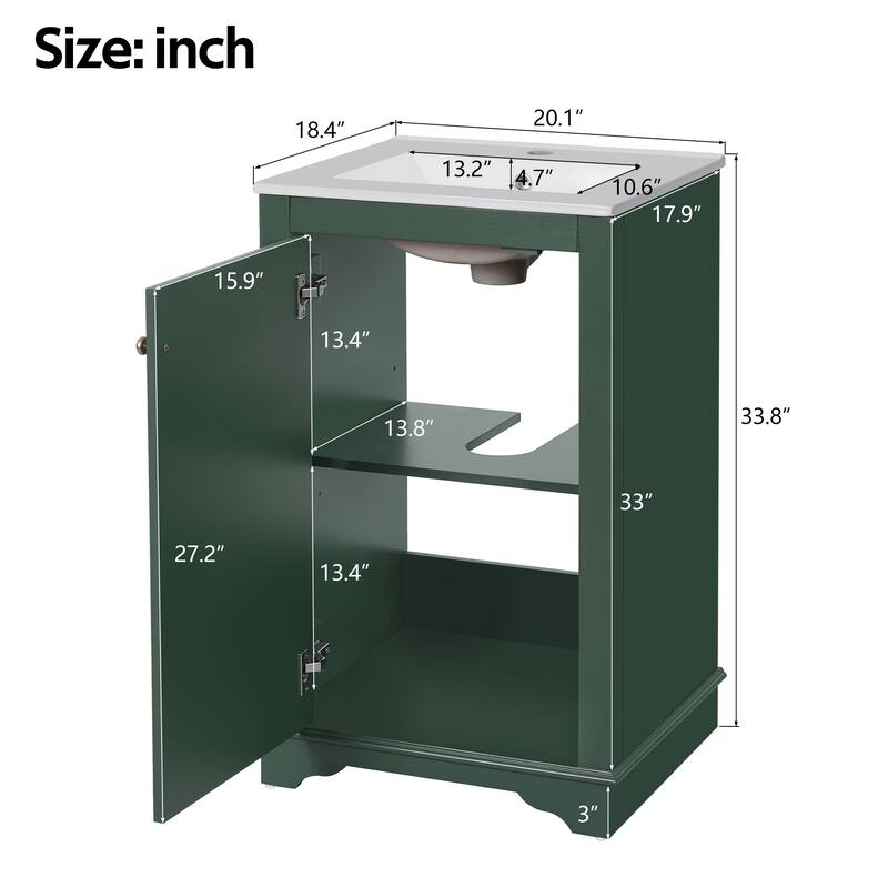20" Bathroom Vanity with Ceramic Sink - Soft Closing Door, Adjustable Shelf, Freestanding Modern Single Vanity