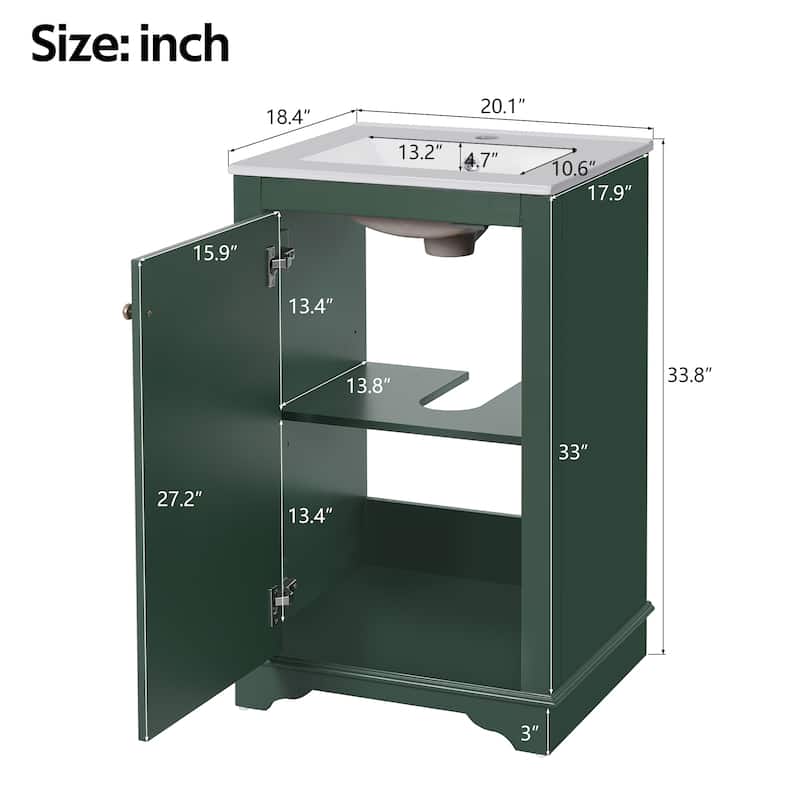 20 Inch Bathroom Vanity with Ceramic Sink, Freestanding Single Vanity Cabinet with Soft-Close Door and Adjustable Shelf