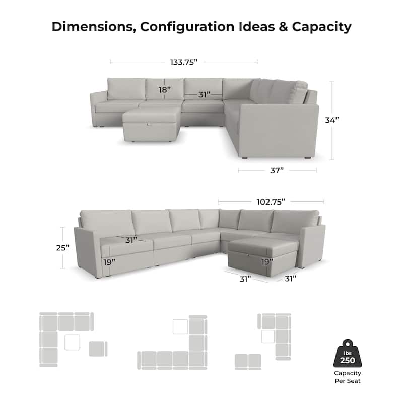 Flex Taupe Fabric 6-Seat Sectional with Narrow Arm and Storage Ottoman - 132" x 35" x 102"