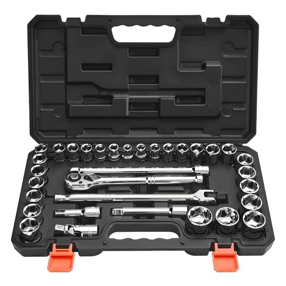 Black CR-V Alloy Steel 33-Piece Socket and Ratchet Set with Chrome Finish - 16.93 x 2.52 x 9.65 in