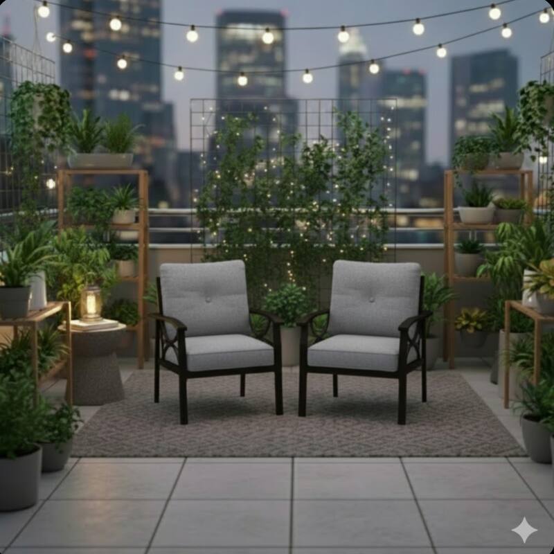 Rossetta Elegant Modern Simple Design Patio Metal Armchairs with Thick Foam Cushions, Set of 2