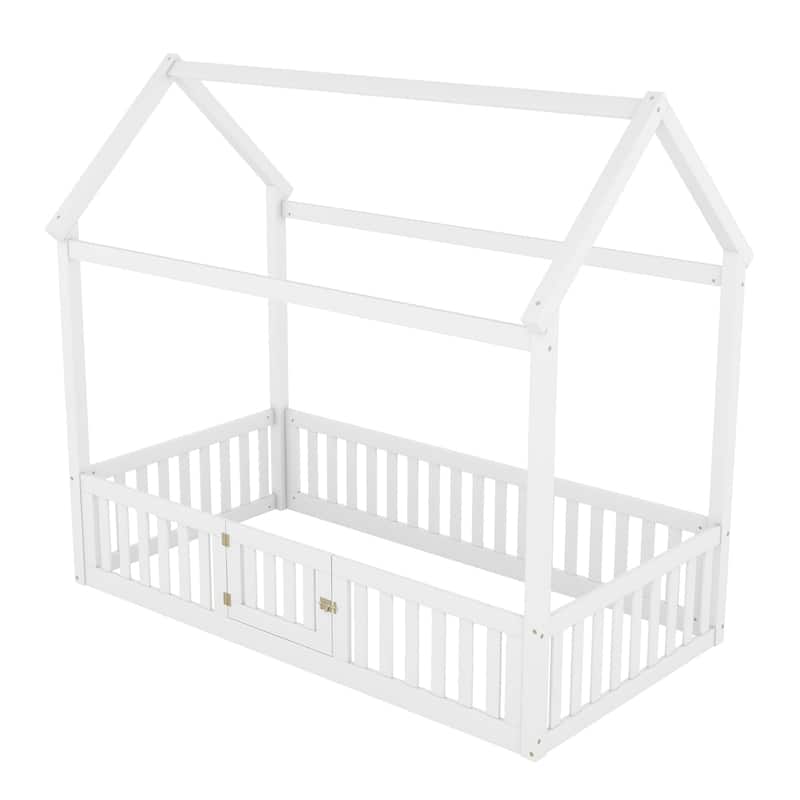 Twin House-Shaped Bed with Fence and Door, Distressed Finish, Solid Pine Wood Frame for Kids' Bedroom