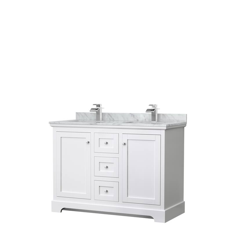 Avery 48-Inch Double Vanity Set with Square Sinks, No Mirror - White, Chrome Trim, White Carrara Marble Top