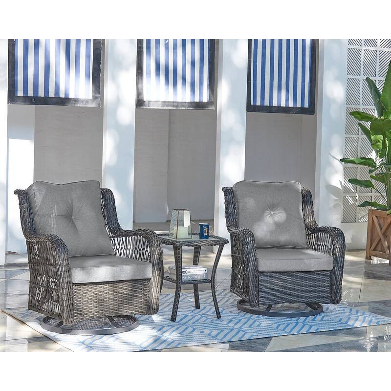 Manhattan Comfort Fruttuo Swivel Steel Rattan 3-Piece Patio Conversation Set - Grey