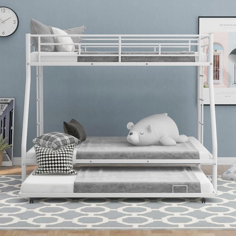 Bed with Sturdy Steel Frame, Bunk Bed with Twin Size Trundle, Two-Side Ladders