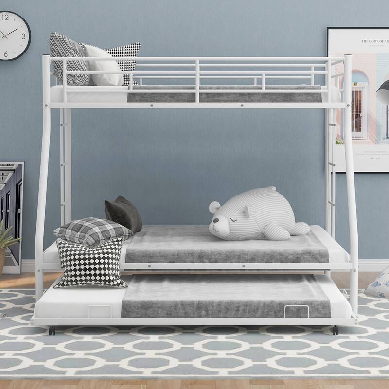 Twin Over Full Metal Bunk Bed with Twin Trundle Sturdy Steel Bunk Beds Frame with 2 Side Ladders, Twin Over Full Triple Bunkbed - White - Full