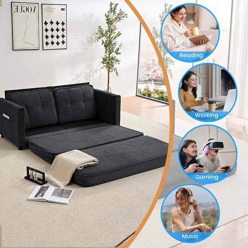 Mixoy 3-in-1 Convertible Futon Sofa Bed, Foldable Tufted Loveseat Sleeper Sofa with Side Pockets