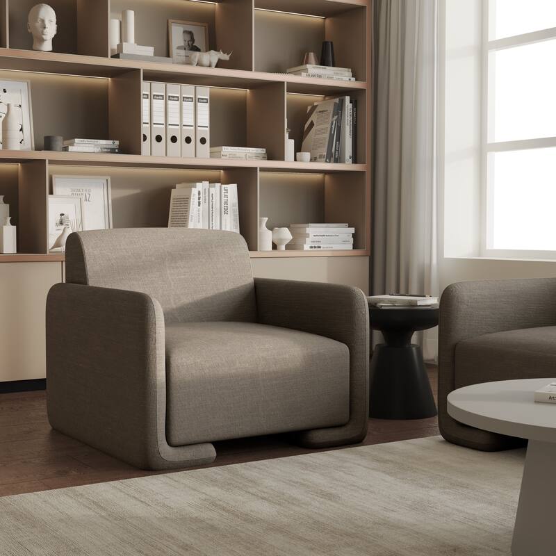 Nyta Mid-Century Accent Armchair in Deep Foam Seat, Boucle or Linen Upholstery, and Plastic Glides with Solid Wood Support