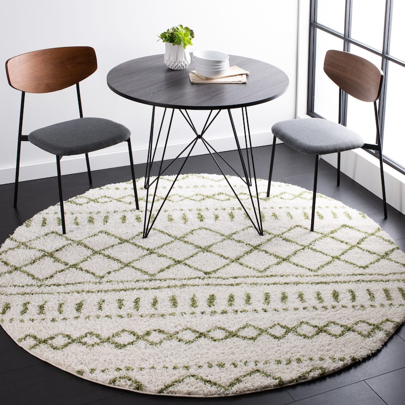 SAFAVIEH Arizona Shag Lotta Moroccan 1.2-inch Thick Rug - 6'7" x 6'7" Round - Ivory/Green