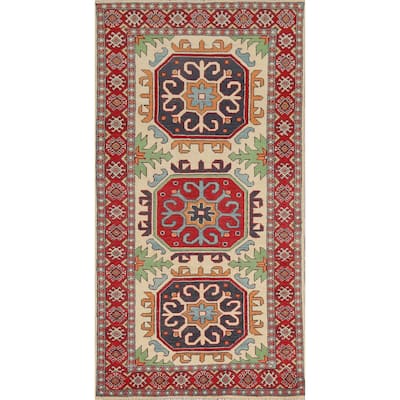 Geometric Kazak Runner Rug Hand-Knotted Wool Carpet - 3'3" x 7'2"