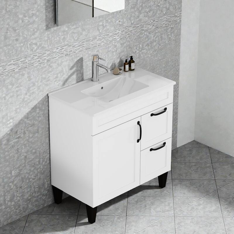 31.9" Bathroom Vanity with Ceramic Sink, 2 Drawers and 1 Door, Soft-Close Storage Cabinet, Black Hardware