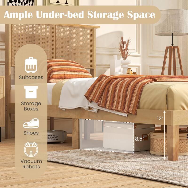 Gymax Twin/Full/Queen Size Bed Frame w/ Rattan Headboard 10 Solid Wood