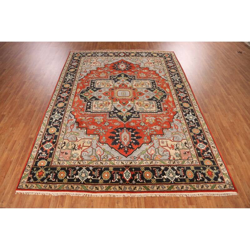 Geometric Heriz Serapi Indian Area Rug Hand-Knotted Wool Carpet - 8'11" x 12'1"