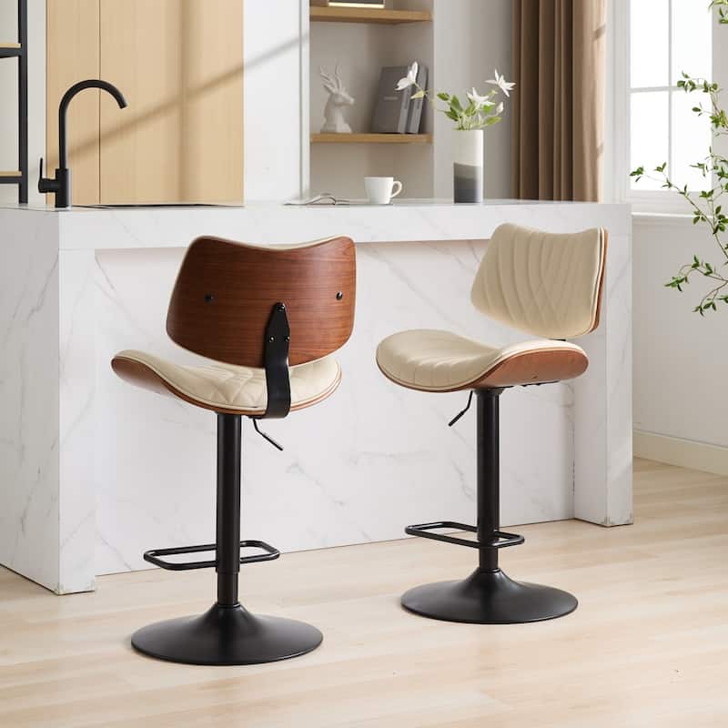 GDF Studio - Mid Century Modern Bentwood Adjustable Swivel PU Leather Bar Stool with Metal Legs - Set of 2 - Beige