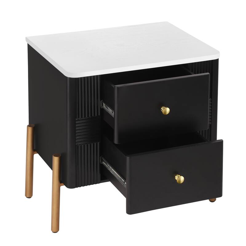 Modern 2-Drawer Fluted Nightstand - Golden Metal Handles/Legs, Easy Assembly (Black)