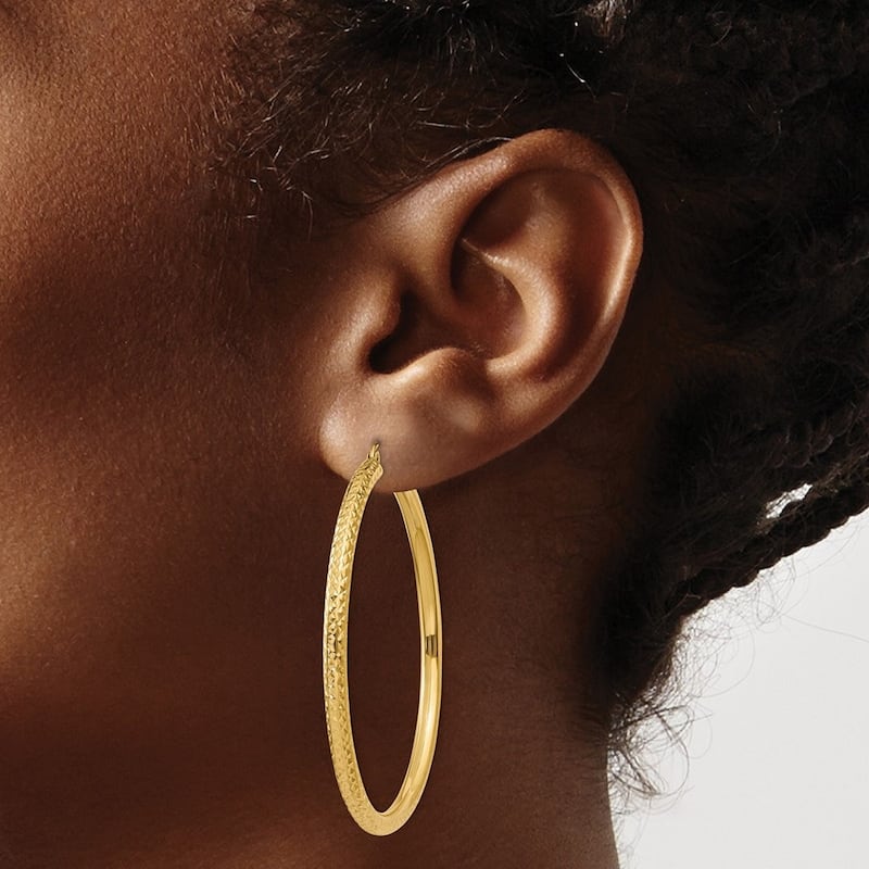 Curata 14k Yellow Gold Diamond-Cut 3x50mm Round Classic Hoop Earrings