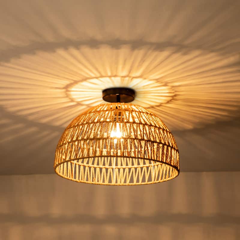 1-Light Modern Boho Single Bowl Hand Woven Rope Dome Pendant Kitchen Island Lighting