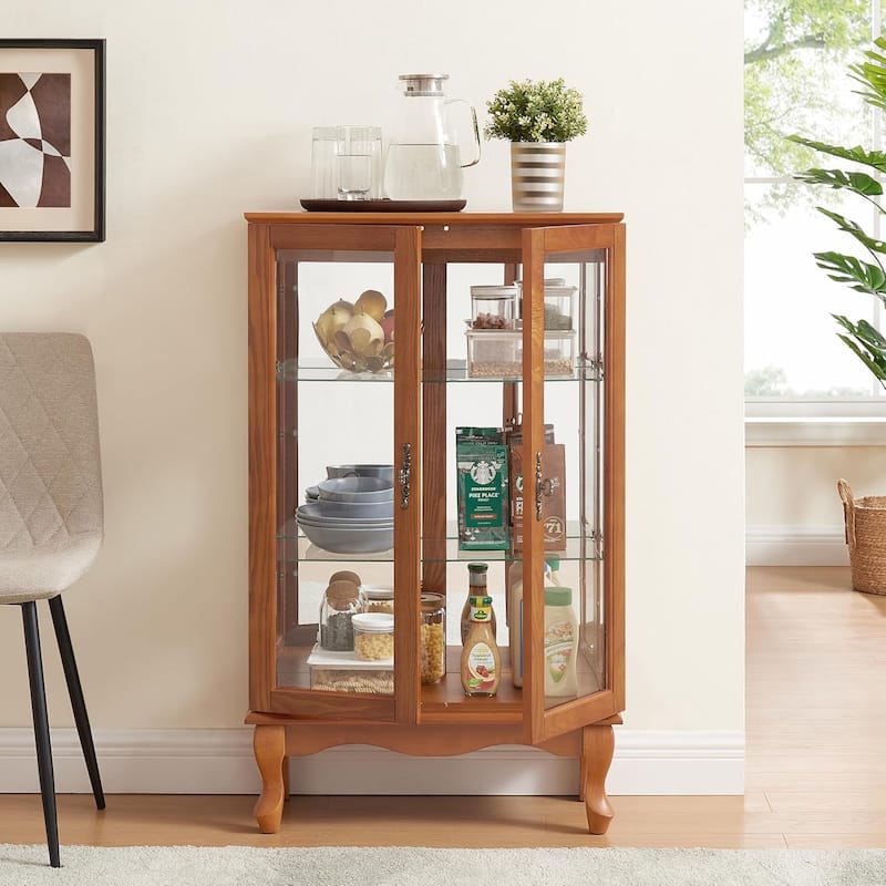 Roomfitters 2 Doors Curio Cabinet with Tempered Glass Doors, Mirrored Back Panel, Adjustable Shelves, Lighted Display Cabinet