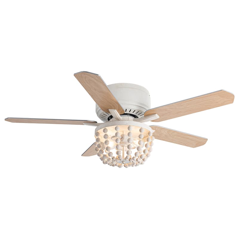 48" French Country White Wood Beads Low Profile Ceiling Fan with Remote