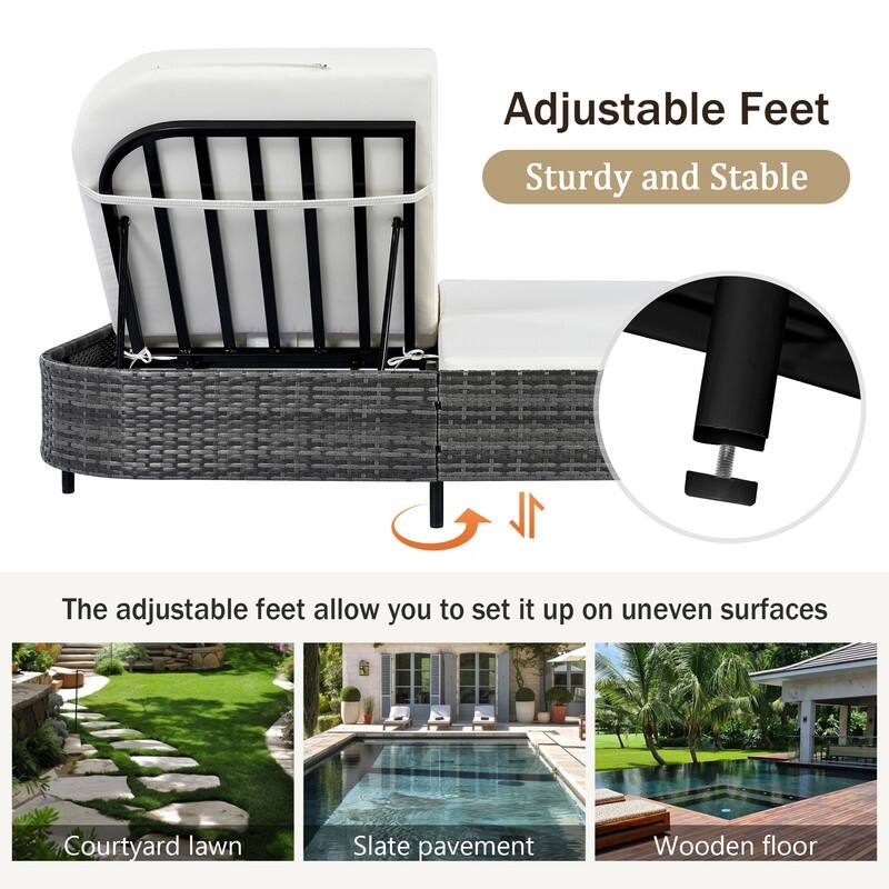 Patio Rattan Double Chaise Lounge Daybed with 5-Position Adjustable Backrest & Iron Frame