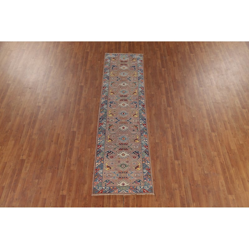 Geometric Kazak Oriental Runner Rug Handmade Red Wool Carpet - 2'7" x 9'7"