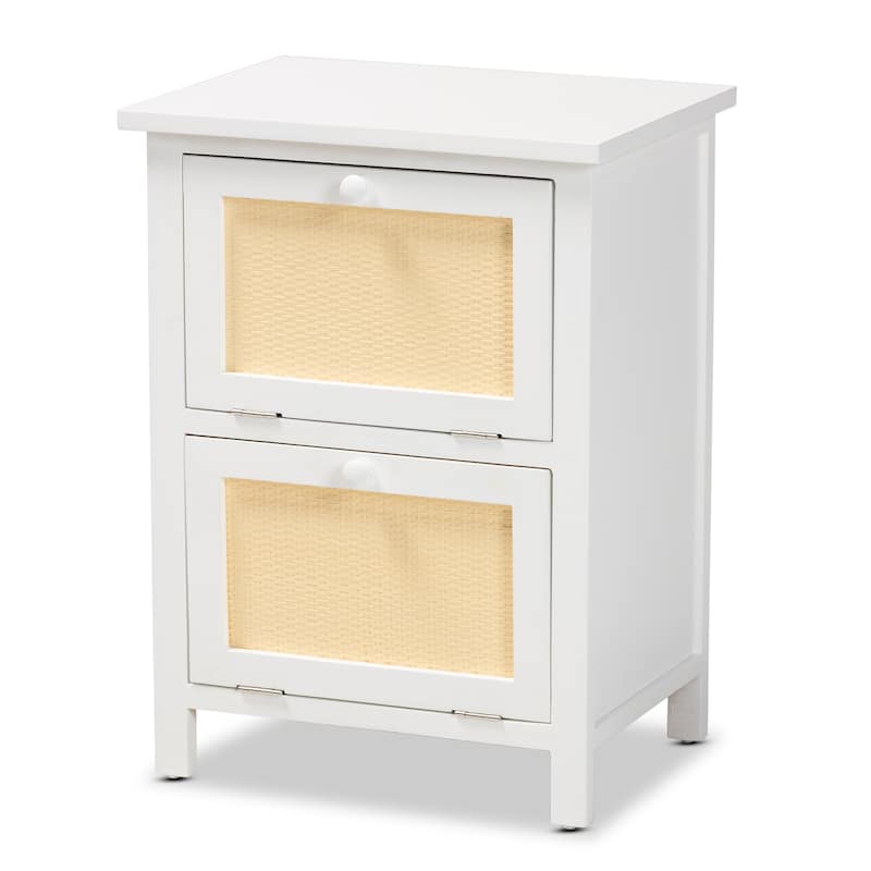 Baxton Studio Sariah Mid-Century Modern White Finished Wood and Rattan 2-Door End Table - Beige, White