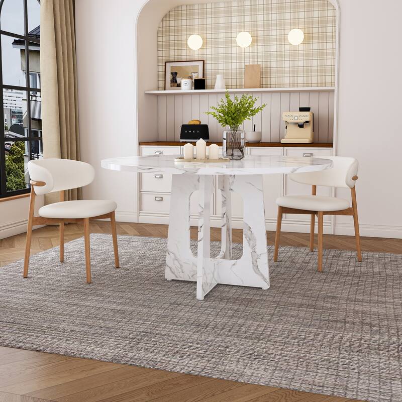 Round Wood Dining Table, Kitchen Table with X-Cross Base, Home Office Table with Adjustable Foot Pads