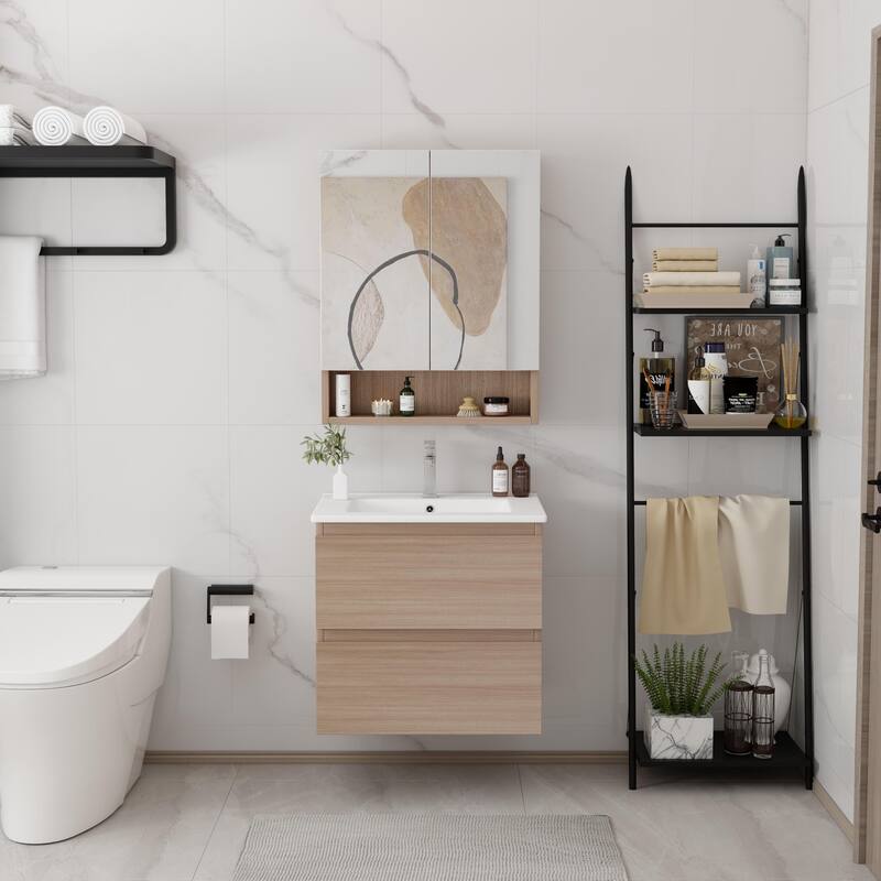 CB HOME 24''/30''/36''/48''/60'' Wall Mounted Bathroom Vanity with Sink, OAK Floating Bathroom Vanity Cabinet with Sink,Drawers. - 24''X18'' - OAK