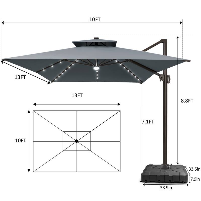 Pellebant 10 x 13FT Outdoor Rectangular Cantilever Patio Umbrella Solar LED Lighted with HDPE Base