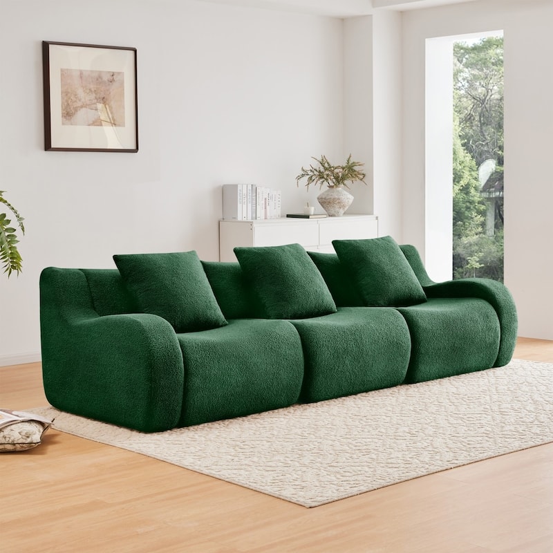 High-Quality Teddy Fabric Boneless Sofa Couches, No Assembly Required - Green - 3Seater