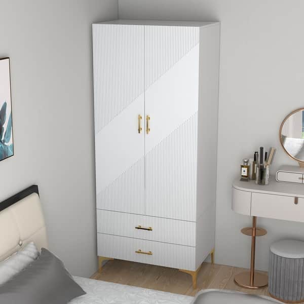 slide 2 of 9, 2 Door 2 Drawers, White Armoires, Wardrobe Cabinet, Suitable for Wardrobes in Bedrooms, Offices white