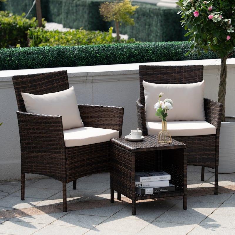3 Piece Patio Conversation Bistro Set Outdoor Chat Furniture,Wicker Chairs and Storable Table Set,Porch Balcony Furniture Set