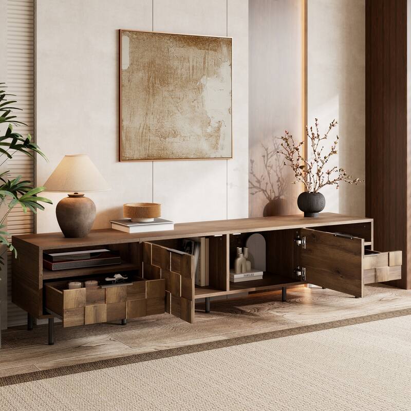 Mid-Century Modern TV Stand Media Console, Entertainment Center with 2 Drawers, Storage Cabinets, Open Shelves for TVs up to 85"