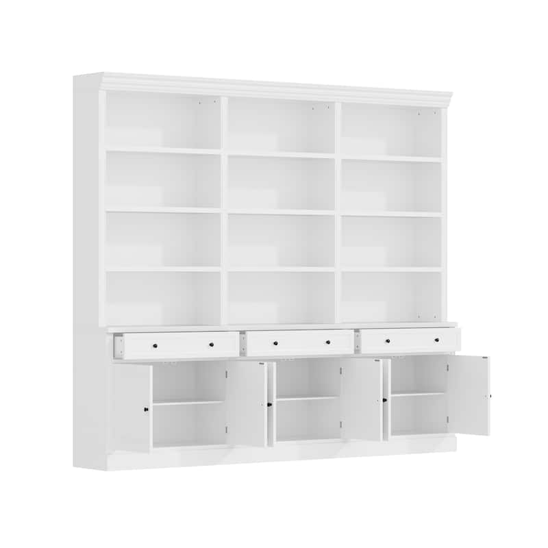102.4" Large 6-Door Bookshelf w/Drawers Solid Pine Top Display Bookcase Bronze Handles White Storage Cabinet