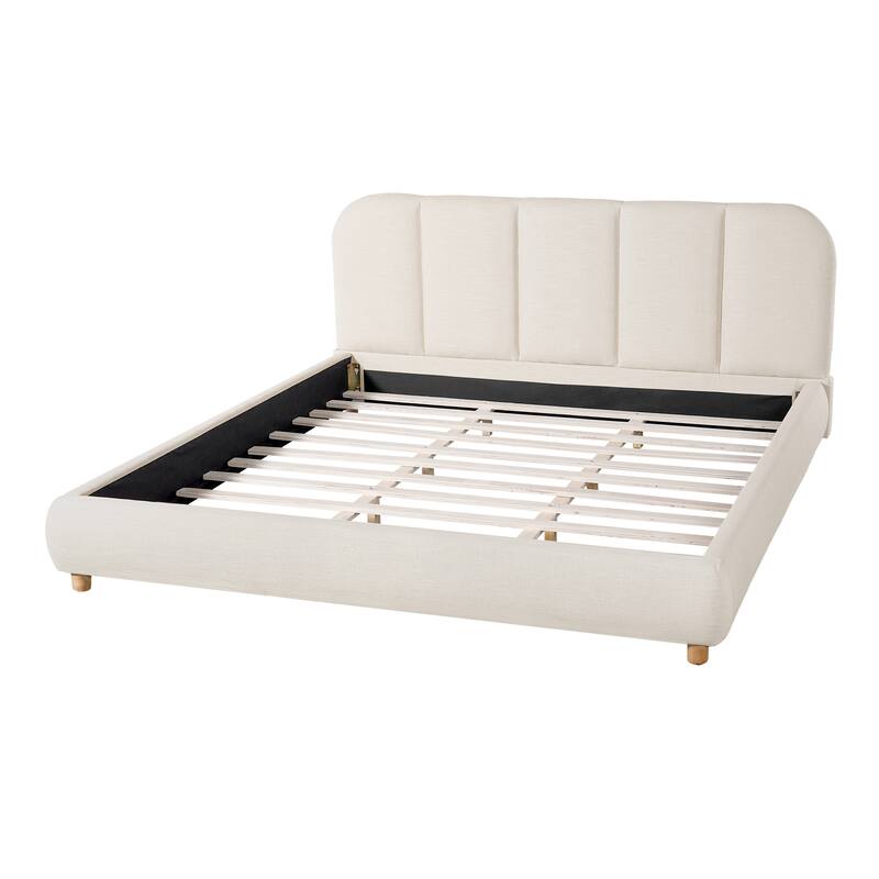Christopher Knight Home - Modern Upholstered Linen Fabric Bed Frame with Wooden Leg - with Curved Headboard Design