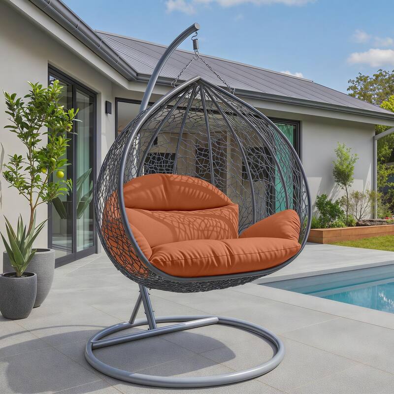 2-Person Egg Swing Chair with Grey Stainless Steel Frame, Cushioned 2-Seater Porch Swing for Outdoor and Indoor Use