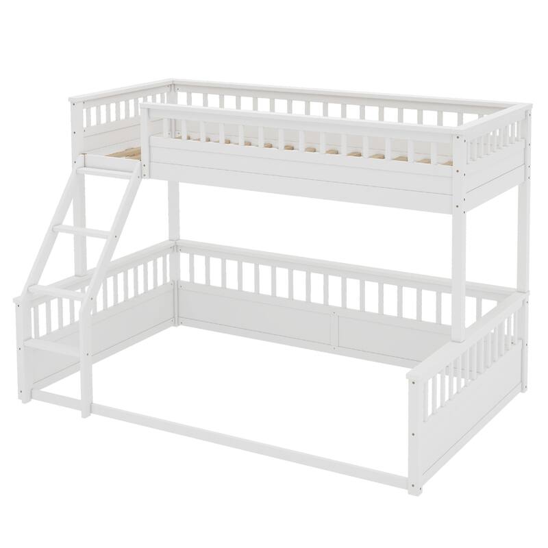 Roomfitters Twin XL over Queen Bunk Bed with Ladder and Safety Guardrails, Space-Saving Wood Frame, White