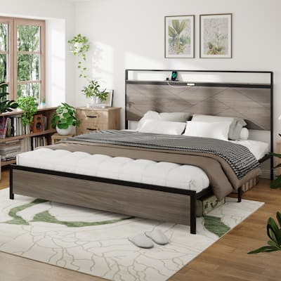 Bed frame king size, wooden platform bed frame with storage LED light headboard and 2 USB, no noise, large underbed storage