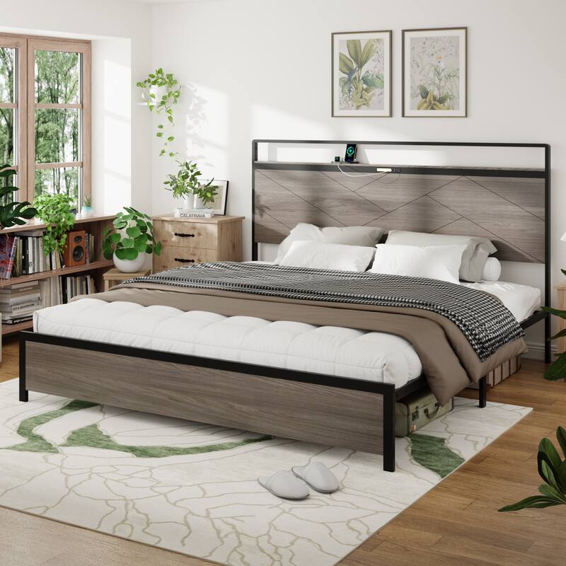 Full/Queen/King Size Platform Bed with 2 USB on Storage LED Light Headboard, Metal Bed Frame Underbed Storage - Antique Grey - King