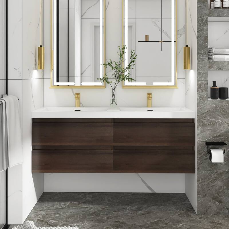 MDF Wall-Mounted Bathroom Vanity Set in Grey Oak with Integrated Culture Marble Sink