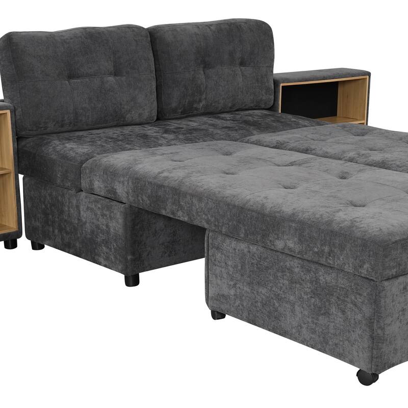 121.2" Chenille Modular Sofa Bed with Two Storage Racks, Free-Combined Design, and Smooth-Rolling Wheels