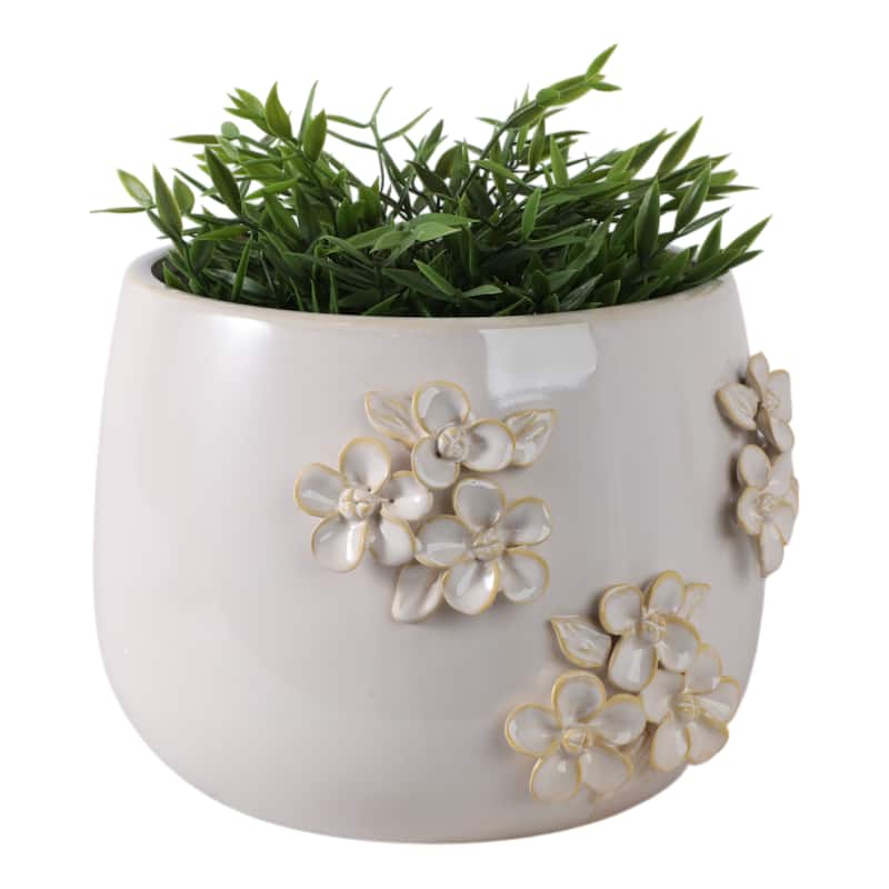 Ceramic Planter Raised Floral Detailing Glossy Decorative Display