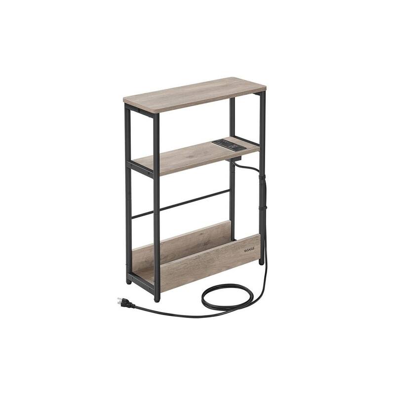 Space-Saving End Table with 3 Storage Shelves and Built-In Charging Station and Stable Steel Frame - 7.1"D x 17.7"W x 22.8"H