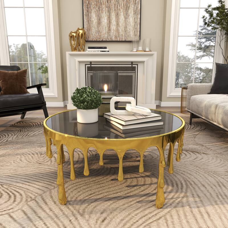 Aluminum Metal Accent, Console, and Coffee Table Collection with Drip Melting Design and Smoke Shaded Glass Top Multiple Colors