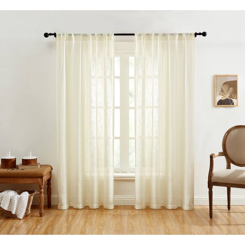 HLC.me Linda Faux Linen Textured Semi Sheer Privacy Sun Light Filtering Window Rod Pocket Curtains Panels, 2 Panel - 54 W x 84 L per panel - Set of 2 - Ivory