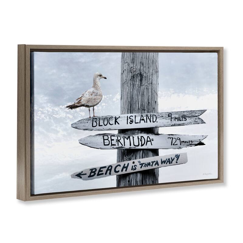 Stupell Vacation Beach Signs with Seagull Framed Floater Canvas Wall Art Design By Robin-Lee Viera