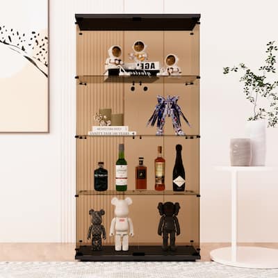 Floor Standing Curio Bookshelf for Living Room Bedroom Office,Two door Glass Display Cabinet 4 Shelves with Door