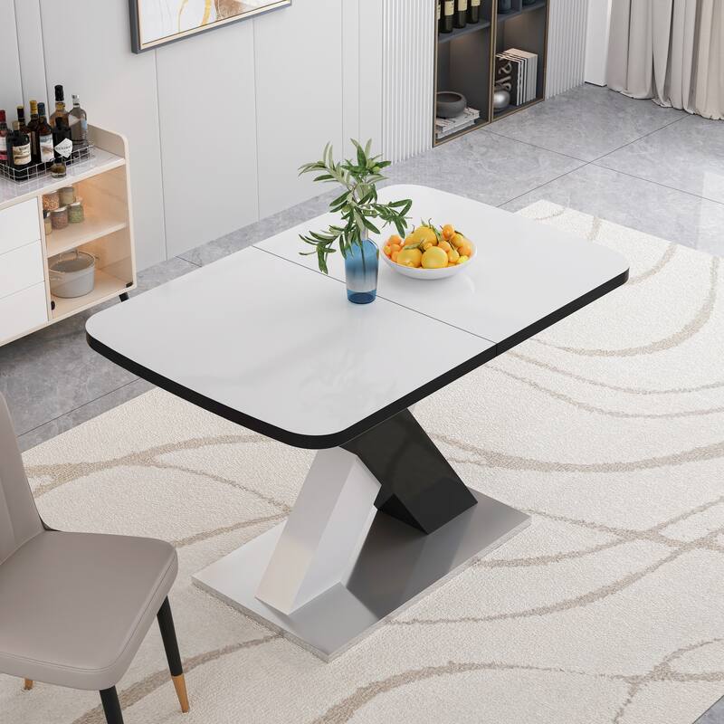 Modern Square Dining Table, Stretchable, with X-Shape Table Leg with Metal Base