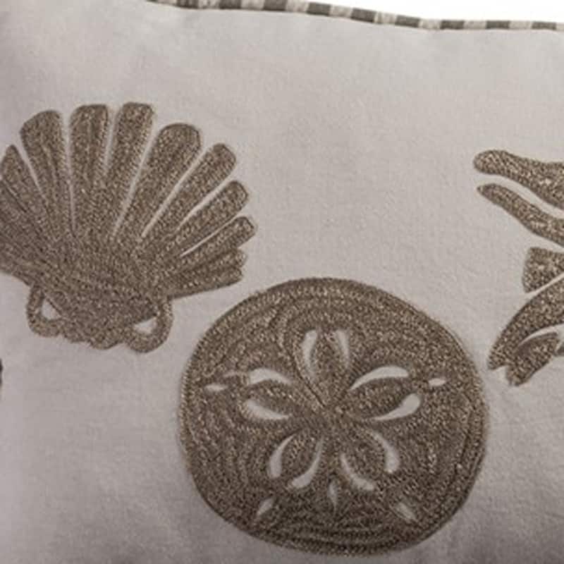 HomeRoots 11" X 21" Beige and Khaki Seashells Cotton Throw Pillow with Embroidery
