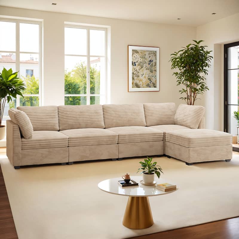 HOOOWOOO Modular Plush Corduroy Fabric Couch with Ottoman - Beige